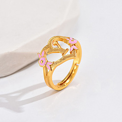 Letter Y Регулируемые кольца для пальцев с латунным жемчугом и розовой эмалью в форме сердца и цветка, без кадмия, без никеля и без свинца, золотые, Письмо Y, 14 мм, внутренний диаметр: 17 мм