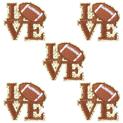 Saddle Brown 5Pcs Sports Polyester Glitter Powder Embroidery Sew On Patches, Cloth Appliques, Love with Rugby, Saddle Brown, 71x75x3mm