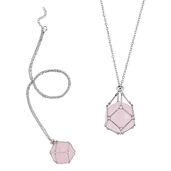 Розовый Кварц 2 шт. латунный мешочек из макраме с натуральным розовым кварцем, круглый внутренний кулон ожерелья, 304 из нержавеющей стали Кабельные зажимы ожерелья, цвет нержавеющей стали, 14.17 дюйм (36 см)