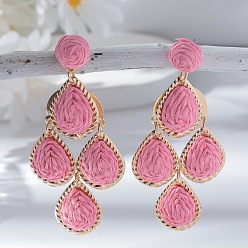 Ярко-Розовый Серьги-гвоздики из сплава рафии в форме капли, золотые, ярко-розовый, 85x45 мм