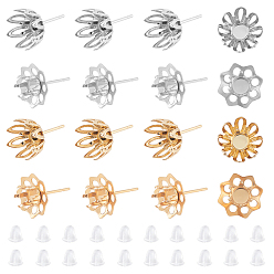 Mixed Color 40Pcs 4 Style 304 Stainless Steel Stud Earring Settings, Flower, with Plastic Ear Nuts, Mixed Color, 10pcs/style