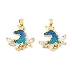 Морской Синий Подвески из латуни, эмали, микропаве и циркония, без кадмия, без никеля и без свинца, единорог, с блеском порошок, реальный 18 k позолоченный, Marine Blue, 20.5x21x3 мм, отверстие : 5x2.5 мм