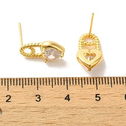 Real 18K Gold Plated Heart Brass Micro Pave Cubic Zirconia Stud Earrings, with 925 Sterling Silver Pins, Real 18K Gold Plated, 15.5x9mm