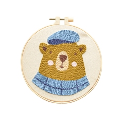 Bear Animal Theme DIY Display Decoration Punch Embroidery Beginner Kit, Including Punch Pen, Needles & Yarn, Cotton Fabric, Threader, Plastic Embroidery Hoop, Instruction Sheet, Bear, 155x155mm