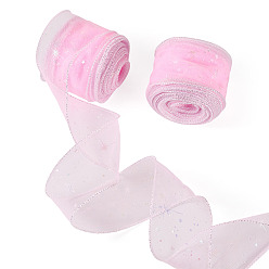 Pink Polyester Deco Mesh Ribbons, Star Pattern, Tulle Fabric, Fancy Tulle Roll Spool Fabric For Skirt Making, Pink, 2-1/8 inch(55mm)
