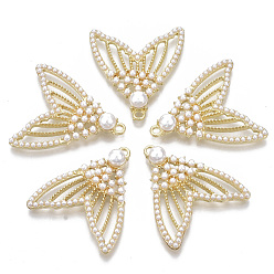 Light Gold Alloy Pendants, with ABS Plastic Imitation Pearl, Whale Tail Shape, Light Gold, 30.5x28x6.5mm, Hole: 1.8mm