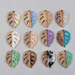 Mixed Color Resin & Walnut Wood Pendants, Leaf, Mixed Color, 37x28x3mm, Hole: 2mm