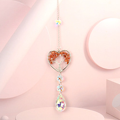 Красный Агат Обернутое проволокой сердце из натурального сердолика с подвесками в виде дерева жизни, стеклянные каплевидные кисточки для ловли солнца для оконных подвесных украшений, 375 мм