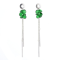 Green 304 Stainless Steel Dangle Stud Earring, with Cable Chains, Cubic Zirconia Charms and Ear Nuts, Green, 76.5mm, Pin: 0.8mm
