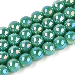 Светлый Морско-зеленый Гальванические непрозрачные стеклянные бусины, круглые, с покрытием AB цвета, светло-зеленый, 8~8.5 мм, отверстие : 1 мм, около 51~53 шт / нитка, 14.57~15.35 дюйм (37~39 см)