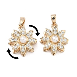 Настоящее золото 18K Вращающиеся подвески из латуни с микропаве и прозрачными кубическими циркониями., с ABS имитации жемчуга, долговечный, , реальный 18 k позолоченный, 17.5x14.5x9 мм, отверстие : 4x2.5 мм