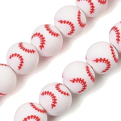 Red Handmade Polymer Clay Beads Strands, Round with Baseball, Red, 8mm, Hole: 1.2mm, about 40pcs/strand, 12.20''(31cm)