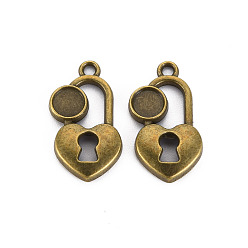 Antique Bronze Tibetan Style Alloy Pendant Cabochon Settings, Cadmium Free & Lead Free, Lock, Antique Bronze, Tray: 5.5mm, 23x12x3mm, Hole: 1.8mm