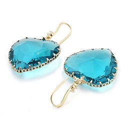 Cyan Glass Heart Dangle Earrings, Light Gold Brass Earrings, Cyan, 49x28mm