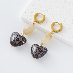 Golden Leopard Print 304 Stainless Steel Resin Hoop Dangle Earrings for Women, Heart, Golden, 56x19mm