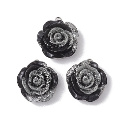 Черный 304 подвески из нержавеющей стали и непрозрачной смолы, цветочные подвески с блестками, цвет нержавеющей стали, чёрные, 21x19x10 мм, отверстие : 2 мм