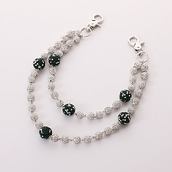 Темно-серый Двухслойные цепочки для брюк из полимерной глины с круглыми бусинами и стразами, с поворотными застежками сплава, платина, темно-серый, 300 мм