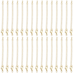 Plaqué 18K Or Véritable 30pcs rallonge de chaîne en laiton plaqué longue durée, avec des agrafes de pince de homard et des pointes de perle, réel 18 k plaqué or, 12x7x3mm, Trou: 3.5mm, chaîne étendre: 65mm, anneau: 5x1 mm