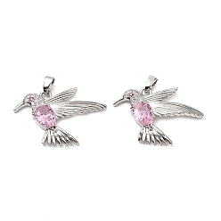 Pink Латунные микро проложить кубического циркония подвески, без кадмия и без свинца, птица, платина, розовые, 23x22.5x5 мм, отверстие : 5x3 мм