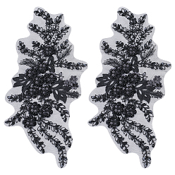 Черный 3d цветочная вышивка из полиэстера, пришитые аппликации, с пластиковыми пайетками, украшение для свадебного платья своими руками, Cheongsam, чёрные, 340~355x170x3 мм