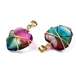 Темно-бирюзовый Подвески lampwork, Подвески-сердечки, обернутые медной проволокой, золотые, темные бирюзовый, 24x21x9 мм, отверстие : 4x6 мм