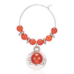Carnelian Natural Carnelian Wine Glass Charms, with Alloy Lotus Pendants and Brass Hoops, 46x27mm