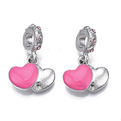 Темно-Розовый Подвеска из эмалированного сплава с покрытием из сплава в европейском стиле, с розовым горный хрусталь, Подвески с большими отверстиями, без кадмия, без никеля и без свинца, платина, сердце, темно-розовыми, 24 мм, отверстие : 5 мм, Сердце: 13x15.5x3 mm