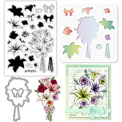 Цветок 1 трафареты для резки штампов из углеродистой стали, с 1 штампами из листового ПВХ и 1 набором трафаретов для рисования, для diy scrapbooking, Фотоальбом, декоративное тиснение, цветочным узором, трафареты для высечки: около 10.1x6x0.08 см, марки: около 16x11x0.3см, трафареты для рисования: около 13x13 см