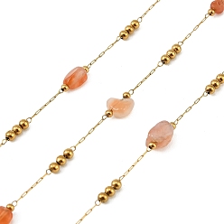 Красный Агат Ручная работа 316 цепочки из звеньев из нержавеющей стали в форме самородков, с 304 бусинами из нержавеющей стали и натурального сердолика, ионное покрытие (ip), реальный 18 k позолоченный, пайки, с катушкой, 8.5~12.5x6~8.5x5~6 мм