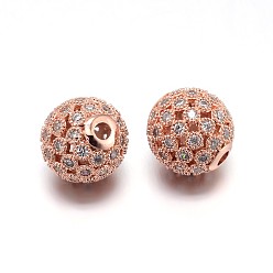 Transparent Messing Mikro ebnen Zirkonia runde Perlen, Echtes rosafarbenes Gold überzogen, Bleifrei und Cadmiumfrei und Nickel frei, Transparent, 10 mm, Bohrung: 1.8 mm