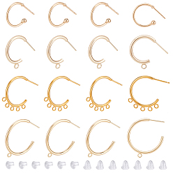 Настоящее золото 18K 16шт 4 стиль латунные кольца гвоздики серьги фурнитура, фурнитура для сережек-половинок, с горизонтальными петлями, с 50 пластиковыми ушными гайками, реальный 18 k позолоченный, 21~32.5x15~29x1.5~3 мм, отверстие : 1.6~2 мм, штифты : 0.7~0.8 мм, 4 шт / стиль