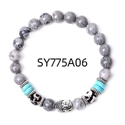 Камень Карты Эластичный браслет из натурального камня и синтетической бирюзы, браслет из буддийского сплава головы и дзи, 7-1/4 дюйм (18.5 см)