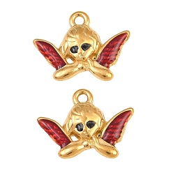 Red 304 Stainless Steel Enamel Pendants, Angel Charms, Ion Plating(IP), Real 18K Gold Plated, Red, 15.5x20.5x3mm, Hole: 1.8mm