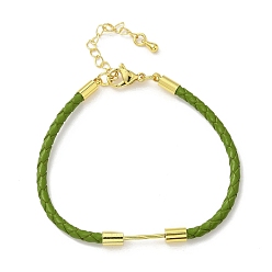 Светло-зеленый Коричневый 3Изготовление браслета из плетеного круглого шнура из искусственной кожи диаметром ⅜ мм, с 304 карабинами из нержавеющей стали и латунной планкой с бусинами, золотые, стойки покрытие, долговечный, оливковый, 7-1/8 дюйм (18.2 см)