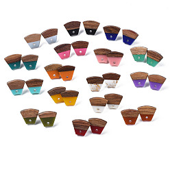 Mixed Color Resin & Walnut Wood Stud Earring Findings, with 304 Stainless Steel Pin and Hole, Two Tone, Trapezoid, Mixed Color, 12.5x15mm, Hole: 1.8mm, Pin: 0.7mm