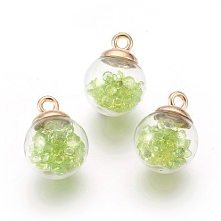 Зелено-Желтый Прозрачные стеклянные бутылки подвески, со стеклянным горным хрусталем внутри и экологичными пластиковыми крышками для бутылок, круглые, зеленый желтый, 21x16 мм, отверстие : 2.5 мм