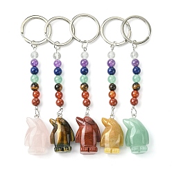 Смешанные камни Брелок для ключей с пингвином из натурального драгоценного камня, с 7 бусинами из чакры и железными брелоками, подвеска для автомобильной сумки для женщин и мужчин, 10.9~11.35 см