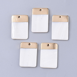 Seashell Color Electroplate Freshwater Shell Pendants, for DIY Jewelry Making, Top Golden Plated, Rectangle, Seashell Color, 30x20x3mm, Hole: 2mm