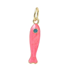 Rosa Caliente Colgantes de esmalte de bronce, encantos de pescado, con anillo de salto, larga duración plateado, chapado en rack, sin plomo y el cadmio, real 18 k chapado en oro, color de rosa caliente, 27x6x7 mm, agujero: 6 mm