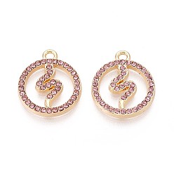 Розовый Подвески из сплава со стразами, плоский круглый и змеевидный, без кадмия, без никеля и без свинца, золотые, светло-розовый, 18x15x2 мм, отверстие : 1.6 мм