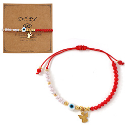 Красный 304 из нержавеющей стали шарм браслеты, Браслеты из плетеных бусин для женщин, имитирующие стеклянный и пластиковый жемчуг, а также латунные бусины., сглаз и ангел, с открытки, красные, 11.02 дюйм (28 см)
