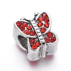 Светло-сиамский Старинное серебро покрытием сплава европейских бисер, со стразами, бусины с большим отверстием, бабочка, Light Siam, 11x10.5x9 мм, отверстие : 5 мм