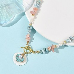 Oro Collares con colgantes en forma de concha natural tallada y esmalte de aleación, Collares con cuentas de perlas naturales, larimar y morganita, con cierres de OT., dorado, 17.32 pulgada (44 cm)
