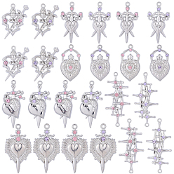 Платина 24шт 12 стили подвески со стразами из сплава, ссылки на крестиковые сердца, разнообразные, платина, 32~48x17.5~22.5x4~4.5 мм, отверстие : 1.6~1.8 мм, 2 шт / стиль