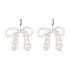 White Shell Pearl Braide Big Bowknot Dangle Leverback Earrings, Brass Wire Wrap Jewelry for Women, White, 60mm, Pin: 0.8mm