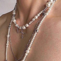 Платина Крест из нержавеющей стали и пластиковой искусственной жемчужины подвеска многослойные ожерелья для женщин, белые, платина, 17.72~25.59 дюйм (45~65 см)
