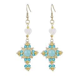 Mashan Jade Natural Mixed Stone & Glass Seed Beads Dangle Earrings for Women, Cross, Golden, Deep Sky Blue, 76x27mm