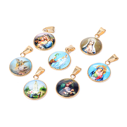 Mixed Color Virgin Mary Theme Glass Pendants, with 201 Stainless Steel Findings, Flat Round, Golden, Mixed Color, 26.5x22x6.5mm, Hole: 6x4mm