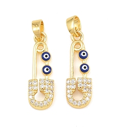 Real 18K Gold Plated Brass Micro Pave Clear Cubic Zirconia Pendants, with Blue Enamel, Safety Pin with Evil Eye Charms, Real 18K Gold Plated, 21x7x2.5mm, Hole: 5x3mm