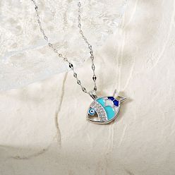 Платина Модные мини-ожерелья с подвеской в виде рыбки из латуни с паве из кубического циркония для повседневного ношения, с эмалью темно-голубого цвета, платина, 15.75 дюйм (40 см)